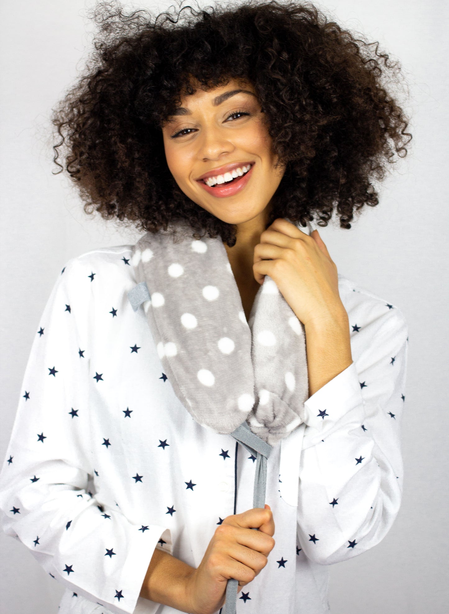 Premium Long Hot Water bottle - Luxury Fleece Cover - GREY/WHITE POLKA DOT