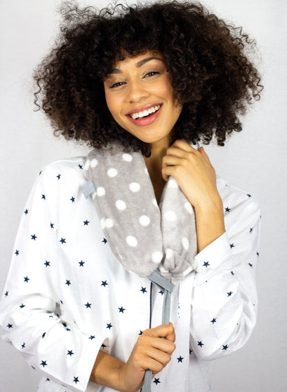 Premium Long Hot Water bottle - Luxury Fleece Cover - GREY/WHITE POLKA DOT